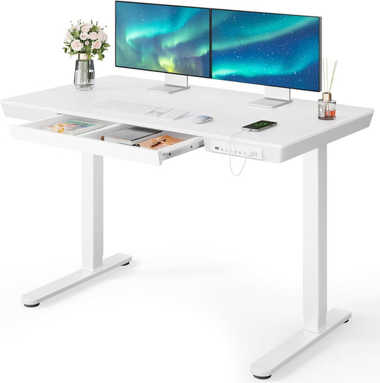 Standing Desk with Drawer, 48 X 24 Inch Whole Piece Tabletop Electric Standing Desk, Height Adjustable Desk with USB Charging Ports, Sit Stand Desk with Storage for Home & Office White-0