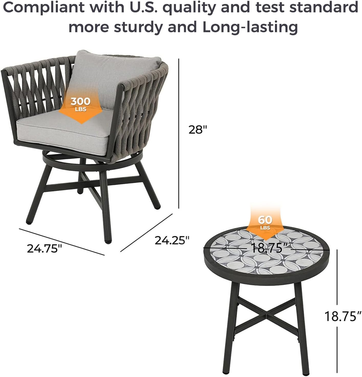 Dining Chair Set of 3, Swivel Rope Armchairs with Cushions and round Side Table with Tile Tabletop, Wicker, Indoor Outdoor Modern Style, Backyard, Balcony, Gray-3