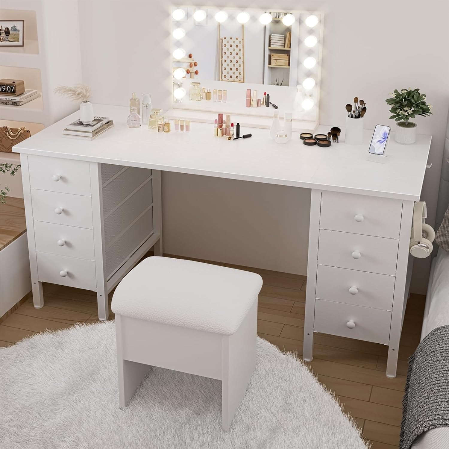 White Computer Desk with Drawers for Storage - 55 Inch Home Office Desk with 8 Fabric Drawers, Writing Study Desk with Drawers on Both Sides for Bedroom-3