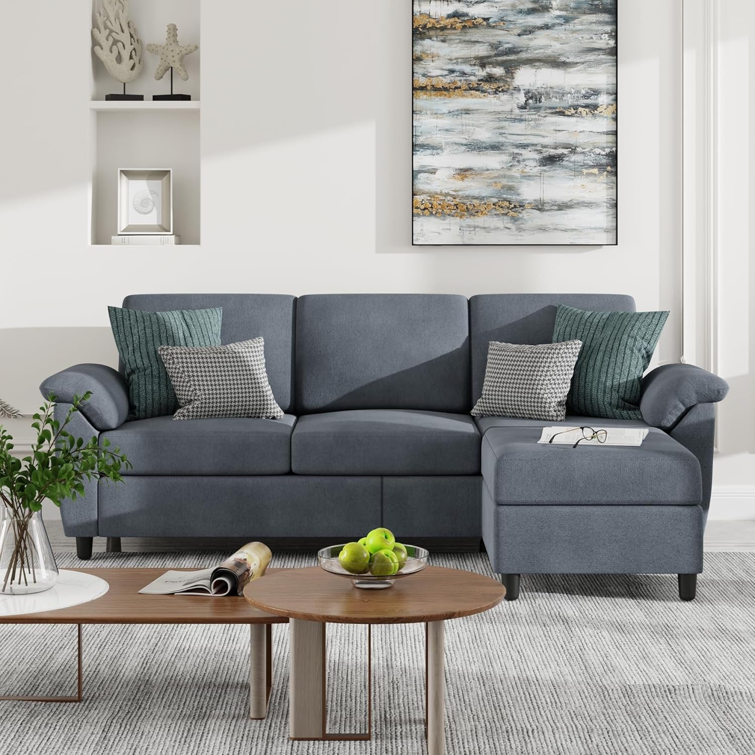 Gray Linen Sectional Sofa with Pillows-2