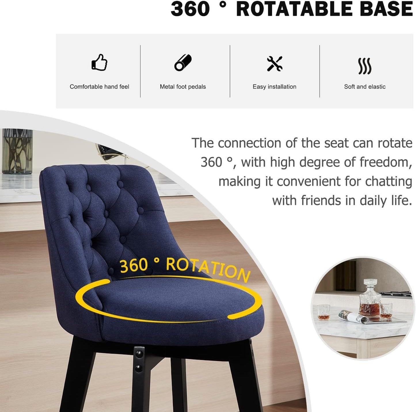 Bar Stools Set of 2, Swivel Barstools with Backs and Wood Legs, 27" Linen Fabric Upholstered Bar Chairs for Kitchen Island, Dining, Cafe, Pub（Blue）-3