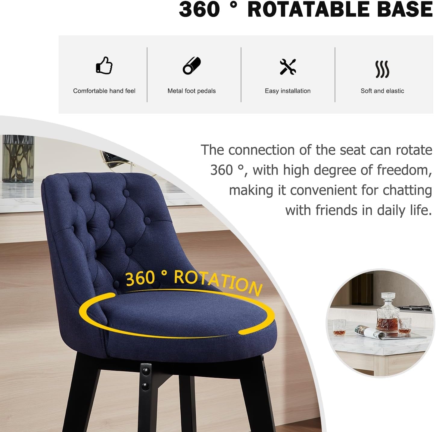 Bar Stools Set of 2, Swivel Barstools with Backs and Wood Legs, 27" Linen Fabric Upholstered Bar Chairs for Kitchen Island, Dining, Cafe, Pub（Blue）-3