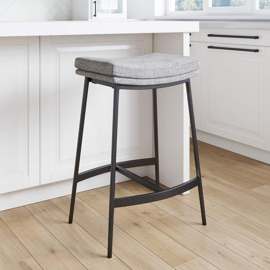 22201 Arlo Modern Backless Upholstered Kitchen Counter Bar Stool with Double-Layered Saddle Seat and Metal Base, Grey/ Matte Black-0