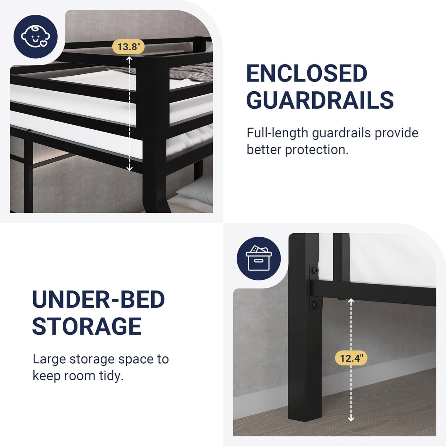 Metal Bunk Bed Twin over Full Size for Junior & Adults with Ladder and Heavy Duty Guardrail, Small Space Saving Design for Bedroom Kid Room and Dorm, Black-3