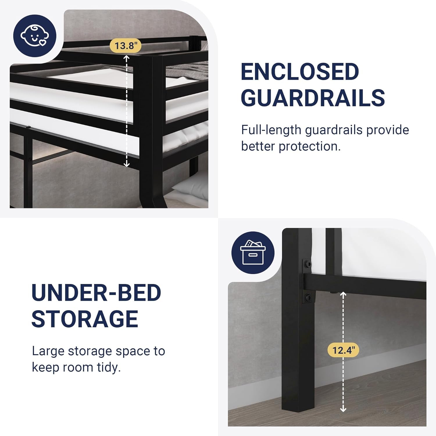 Metal Bunk Bed Twin over Full Size for Junior & Adults with Ladder and Heavy Duty Guardrail, Small Space Saving Design for Bedroom Kid Room and Dorm, Black-3