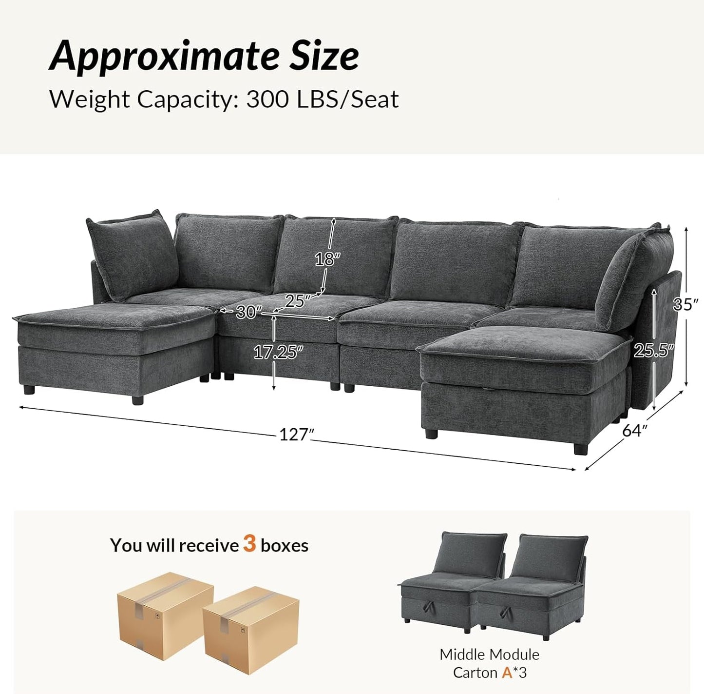 127'' Modular Sectional Sofa, Oversized U Shaped Couch with Storage Ottoman, Extra Deep Seat, Modern Comfy Chenille Sofa with Chaise, 6 Seat Convertible Couches for Living Room, Grey-1