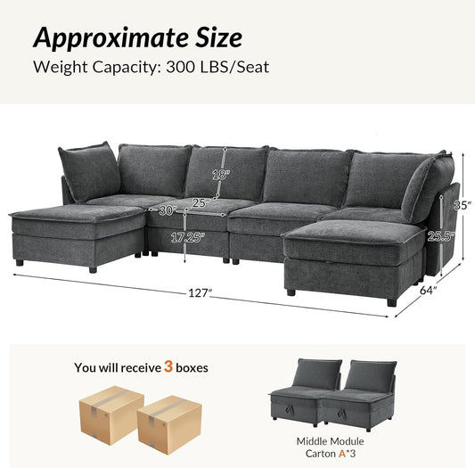 127'' Modular Sectional Sofa, Oversized U Shaped Couch with Storage Ottoman, Extra Deep Seat, Modern Comfy Chenille Sofa with Chaise, 6 Seat Convertible Couches for Living Room, Grey-1