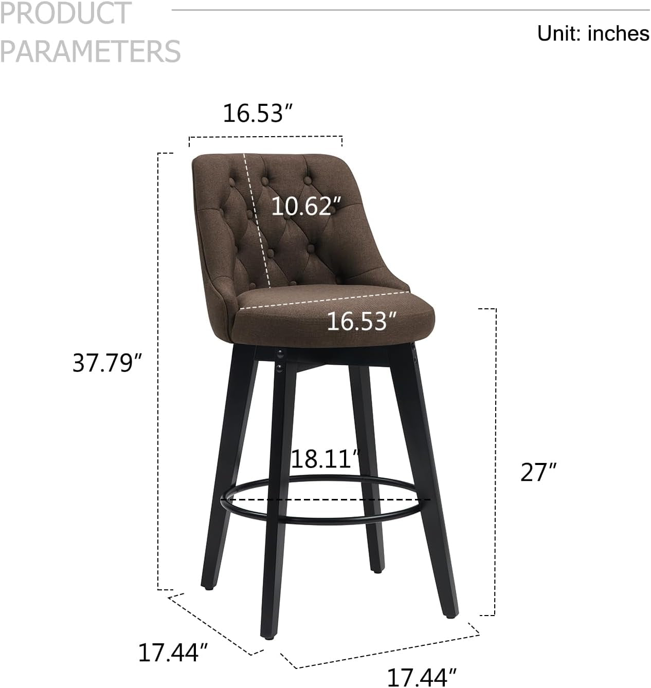 Bar Stools Set of 2, Swivel Barstools with Backs and Wood Legs, 27" Linen Fabric Upholstered Bar Chairs for Kitchen Island, Dining, Cafe, Pub（Sepia）-2