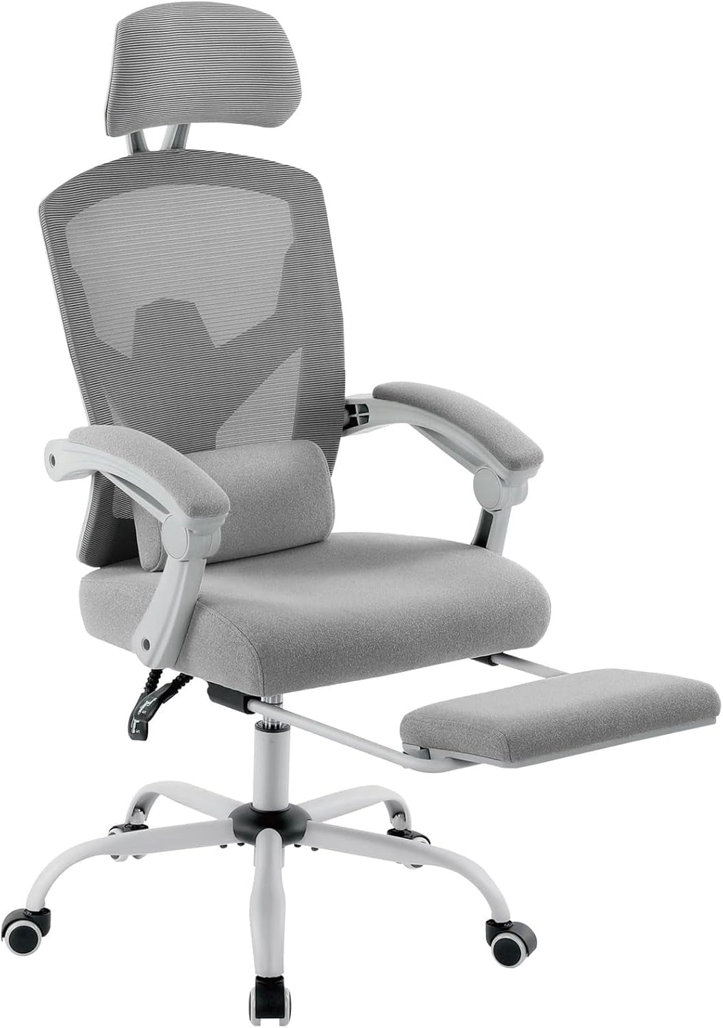 Home Office Desk Chair with Footrest, High-Back Mesh Rolling Swivel Reclining Chairs with Wheels, Comfortable Headrest, Lumbar Support, Comfy Arms for Home, Office, Gaming, Student, Grey-0