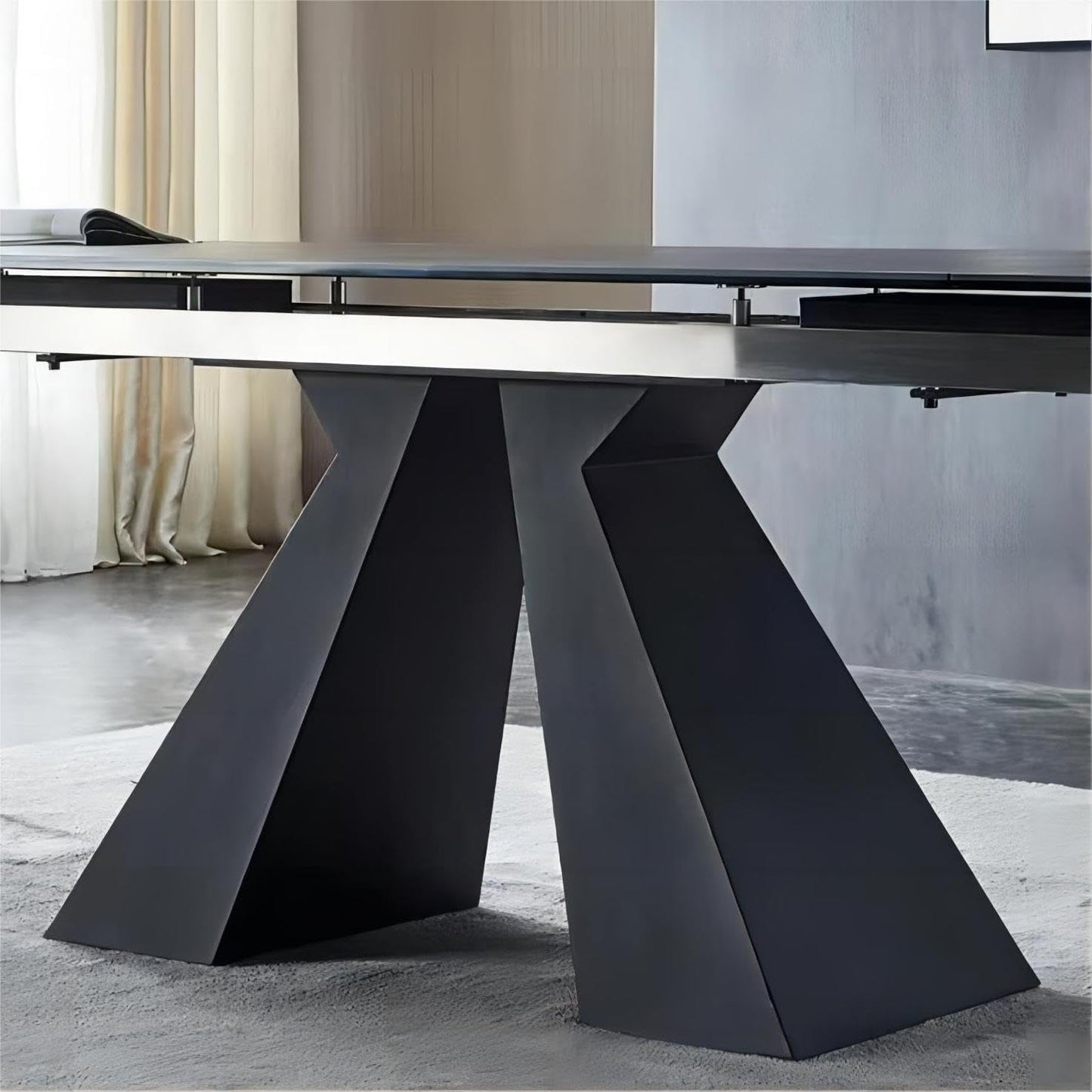 Extendable Dining Table for 8-12 Seat, Flexible Stretch, Tabletop Made from Rock Plate and Tempered Glass, Solid Carbon Steel Base, 35.4" D X 94.5" W X 30" H, Dark Grey-4