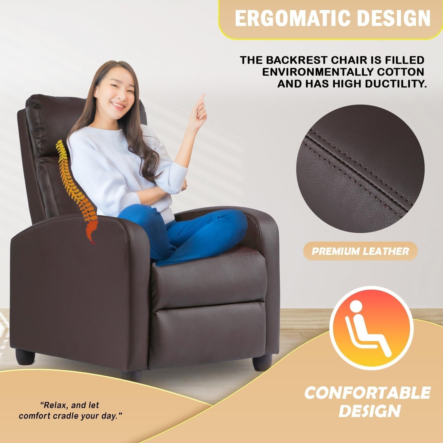 Recliner Chair Single Reclining Sofa Home Theater Seating with Lumbar Support and Padded Backrest for Living Room and Bedroom (Leather, Brown)-3
