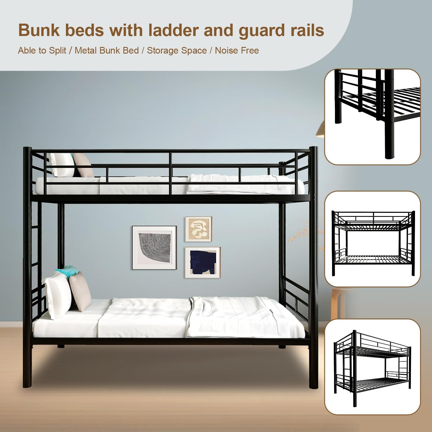 Metal Bunk Bed Twin over Twin Sturdy Heavy Duty Bunk Beds with 2 Side Ladders,Space Saving,No Box Spring Needed,For Boys Girls Teens Adults, Bedroom, Dormitory (Black)-2