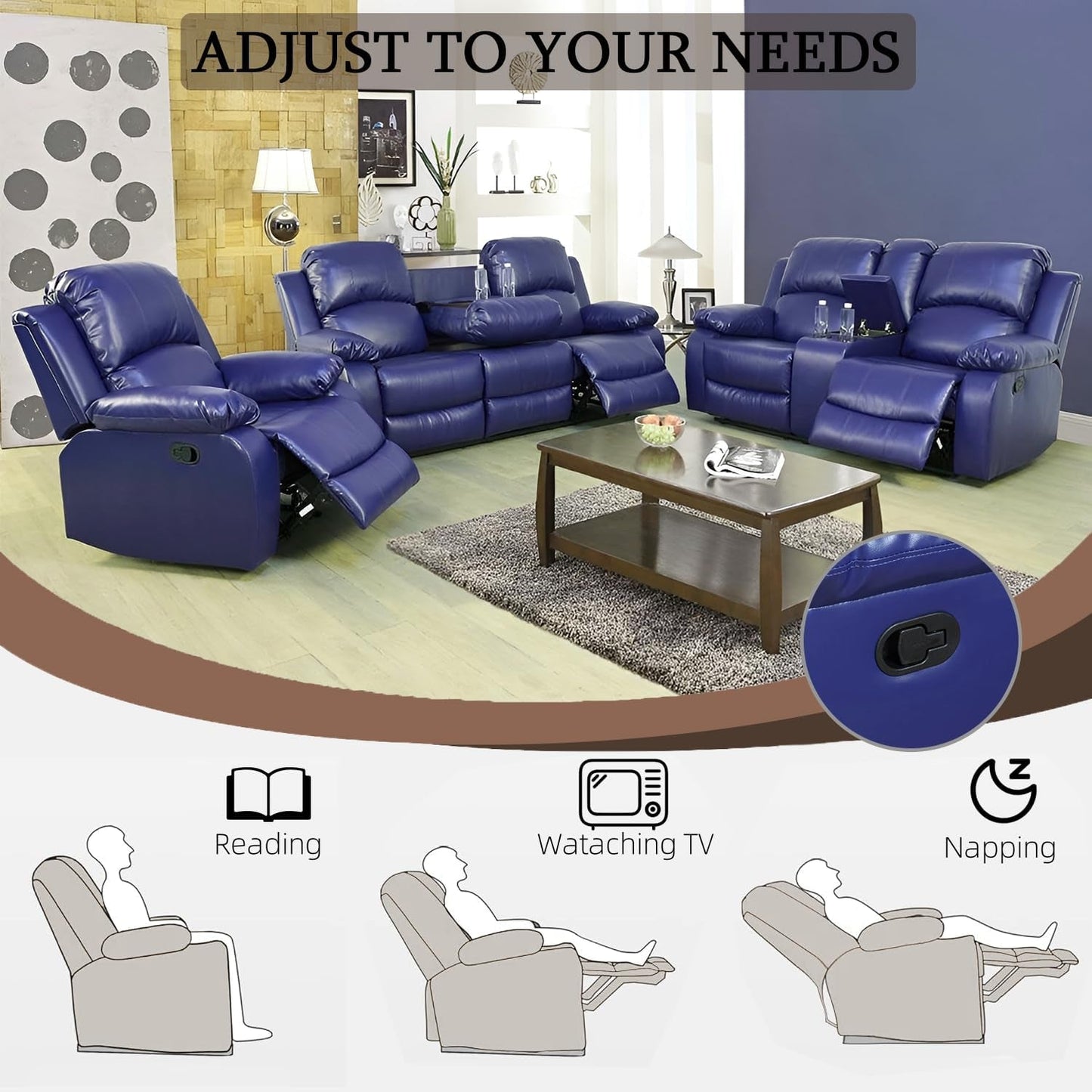 Leather Recliner Sofa Set，Leather Reclining Sofa Set for Living Room Furniture Sets，Dark Blue Recliner Couch Set for Living Room/Office/Theater Seating(Sofa Set 3 Pieces)-4