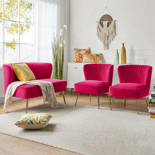 3 Piece Velvet Living Room Furniture Set, Modern Comfy Upholstered Chair Set with Golden Legs, Include Loveseat & 2 Accent Chairs for Bedroom, FUCHSIA Tufted 2-Seater Sofa & Armless Chairs-0