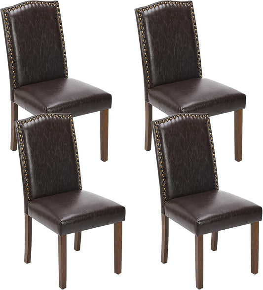 Dining Chairs Set of 4, Upholstered Leather Kitchen Room Chairs Mid Century Modern High-End Dining Room Side Chairs with Nailhead Trim and Wood Legs for Bedroom, Living Room, Brown-0