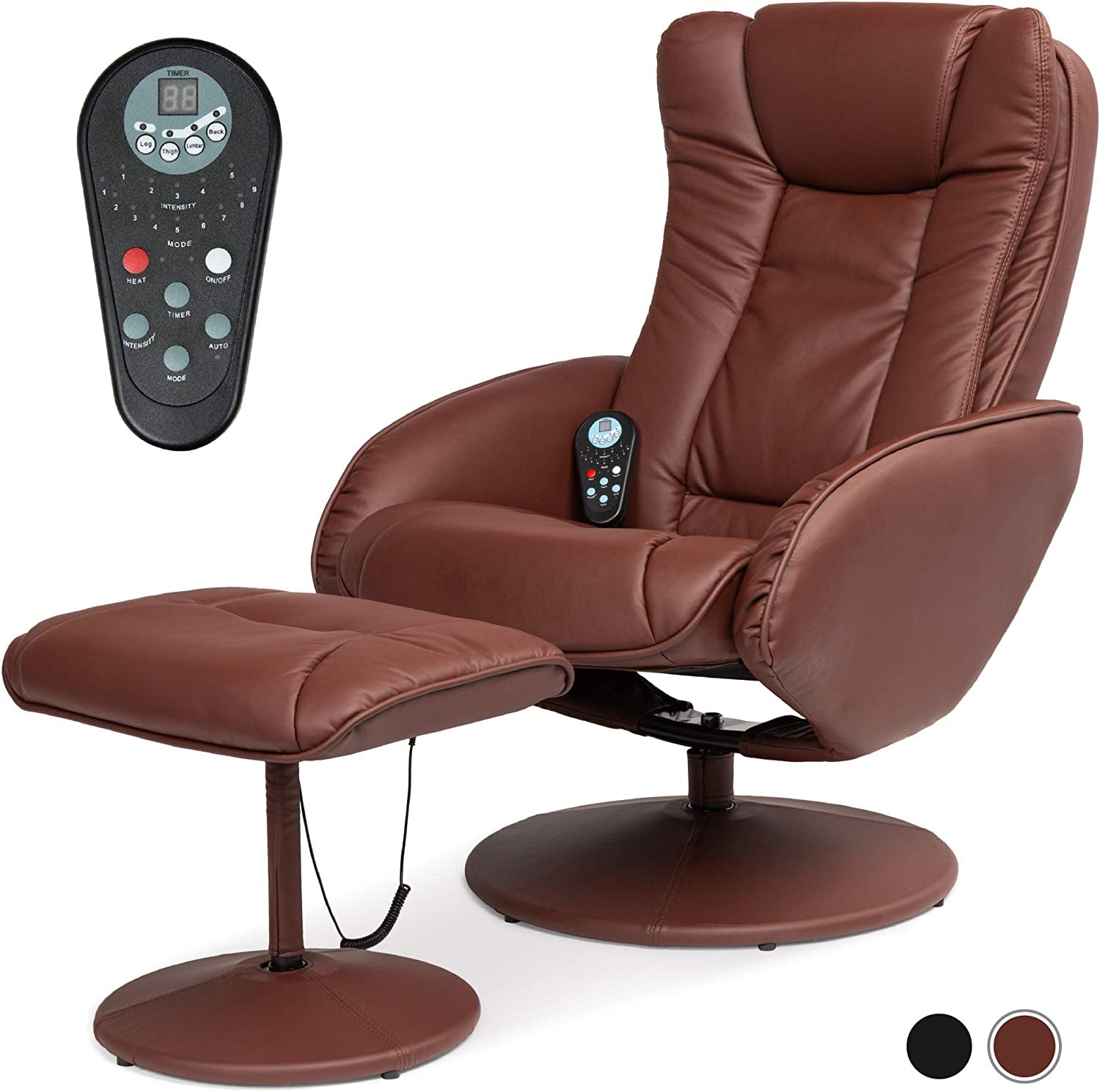 Faux Leather Electric Massage Recliner W/Stool Footrest Ottoman, Remote Control, 5 Heat & Massage Modes, Side Pockets - Brown-0