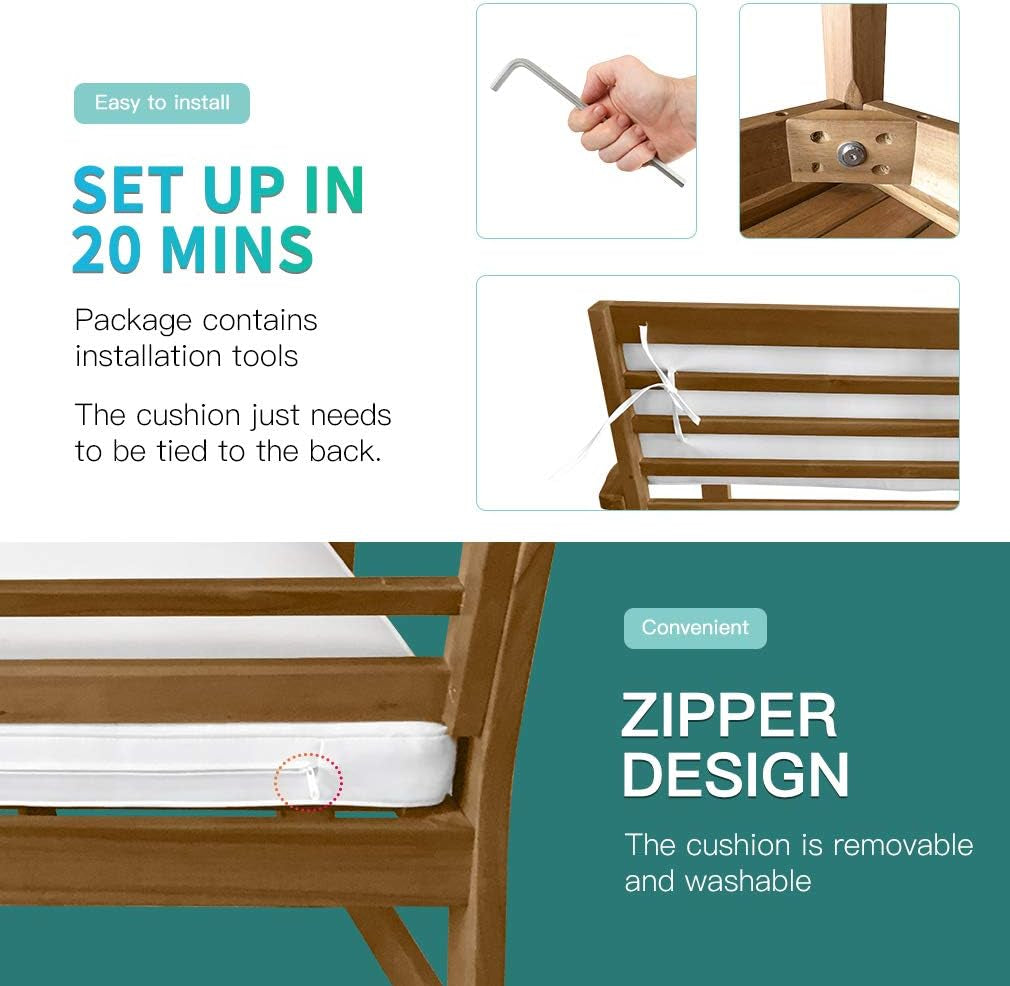 3-Piece Acacia Wood Patio Bistro Set Patio Furniture Outdoor Chat Conversation Table Chair Set Outdoor Wood Chat Set with Water Resistant Cushions and Coffee Table Chairs for Beach Backyard Garden-4