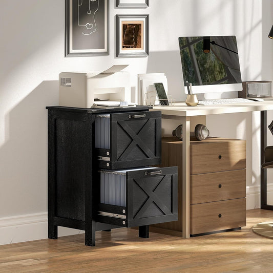 2 Drawer Vertical File Cabinet with Silent Slides, Rustic Farmhouse Filing Cabinet with Barn Doors for A4/Letter Size, Printer Stand with Storage for Home Office, Distressed Black-1