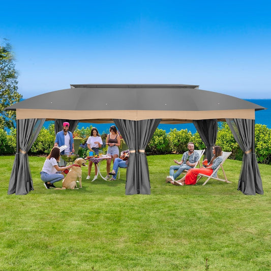 12x20 Heavy Duty Gazebo with Curtains Netting Grey-0