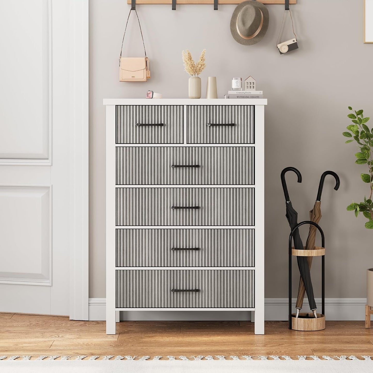 White Dresser 6 Drawer Dresser for Bedroom, Modern Fluted Dresser with Solid Wood Legs, Tall Double Wooden Dresser Large Chest of Drawers for Living Room, Entryway, Hallway (Grey Fluted)-4