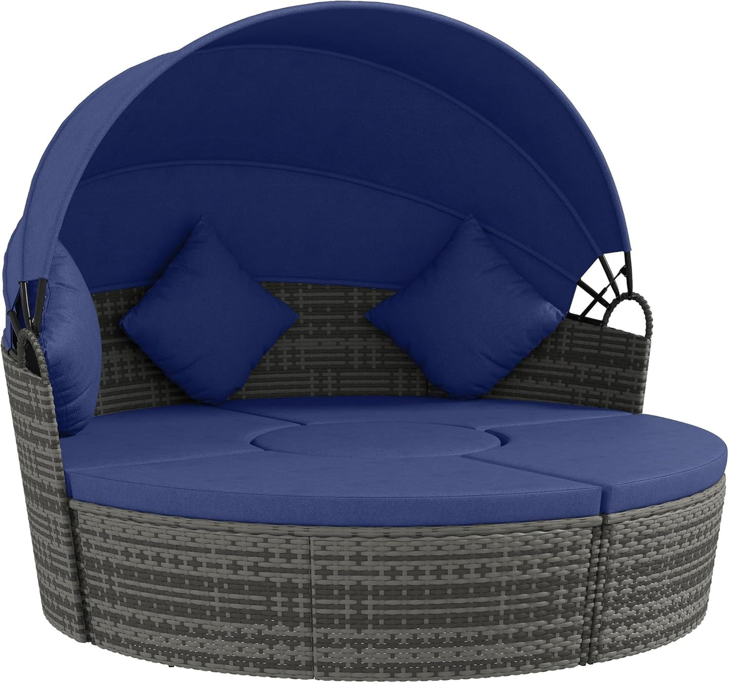 4 Piece round Rattan Daybed, Convertible Patio Furniture Set, Adjustable Sun Canopy, Sectional Outdoor Sofa, 2 Chairs, Extending Tea Table Ottoman Chair, 3 Pillows, Dark Blue-0