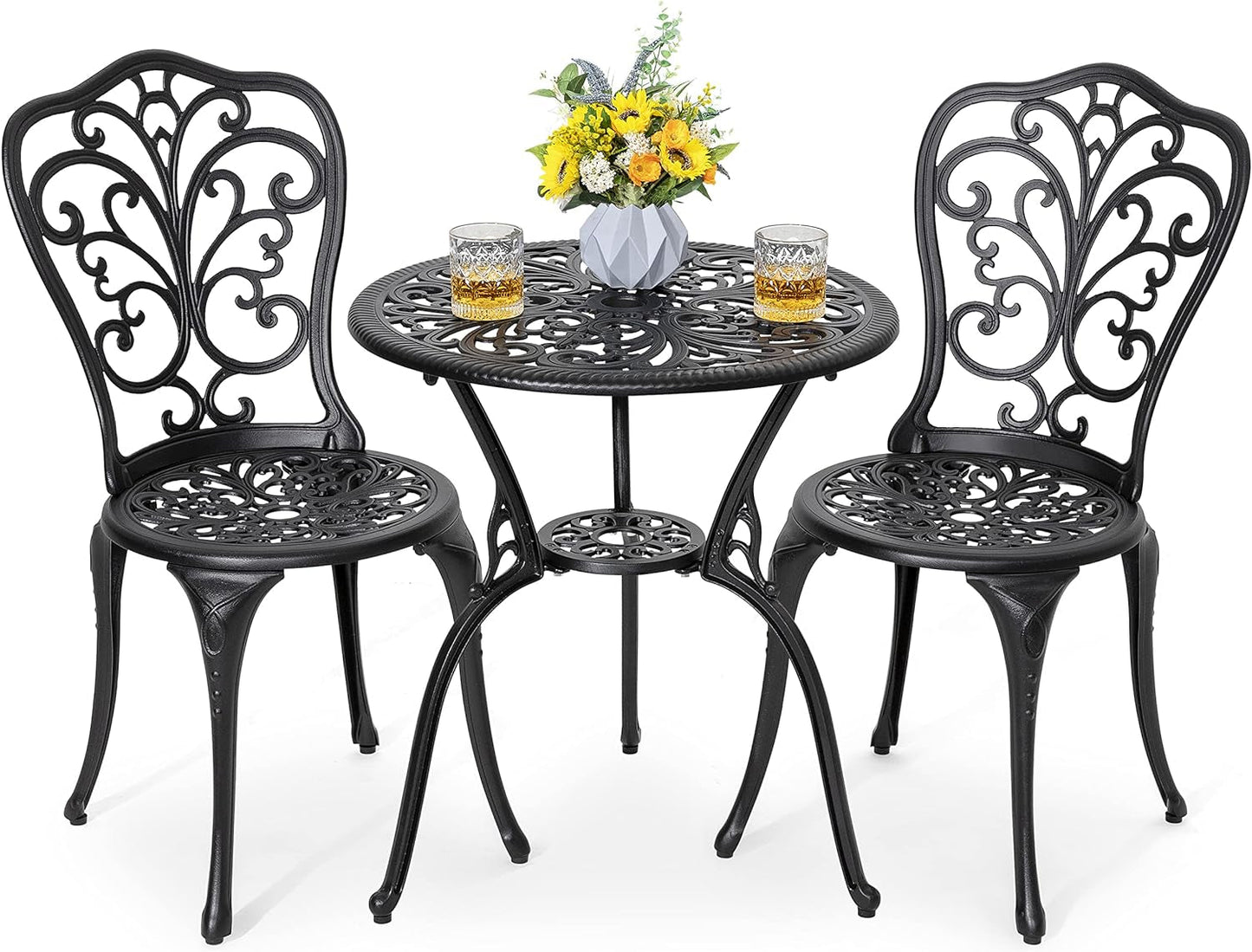 3 Piece Bistro Set Outdoor, All Weather Cast Aluminum Patio Bistro Sets Patio Table and Chairs Set of 2 with Umbrella Hole for Yard, Balcony, Black, Butterfly Backrest-0