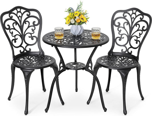 3 Piece Bistro Set Outdoor, All Weather Cast Aluminum Patio Bistro Sets Patio Table and Chairs Set of 2 with Umbrella Hole for Yard, Balcony, Black, Butterfly Backrest-0