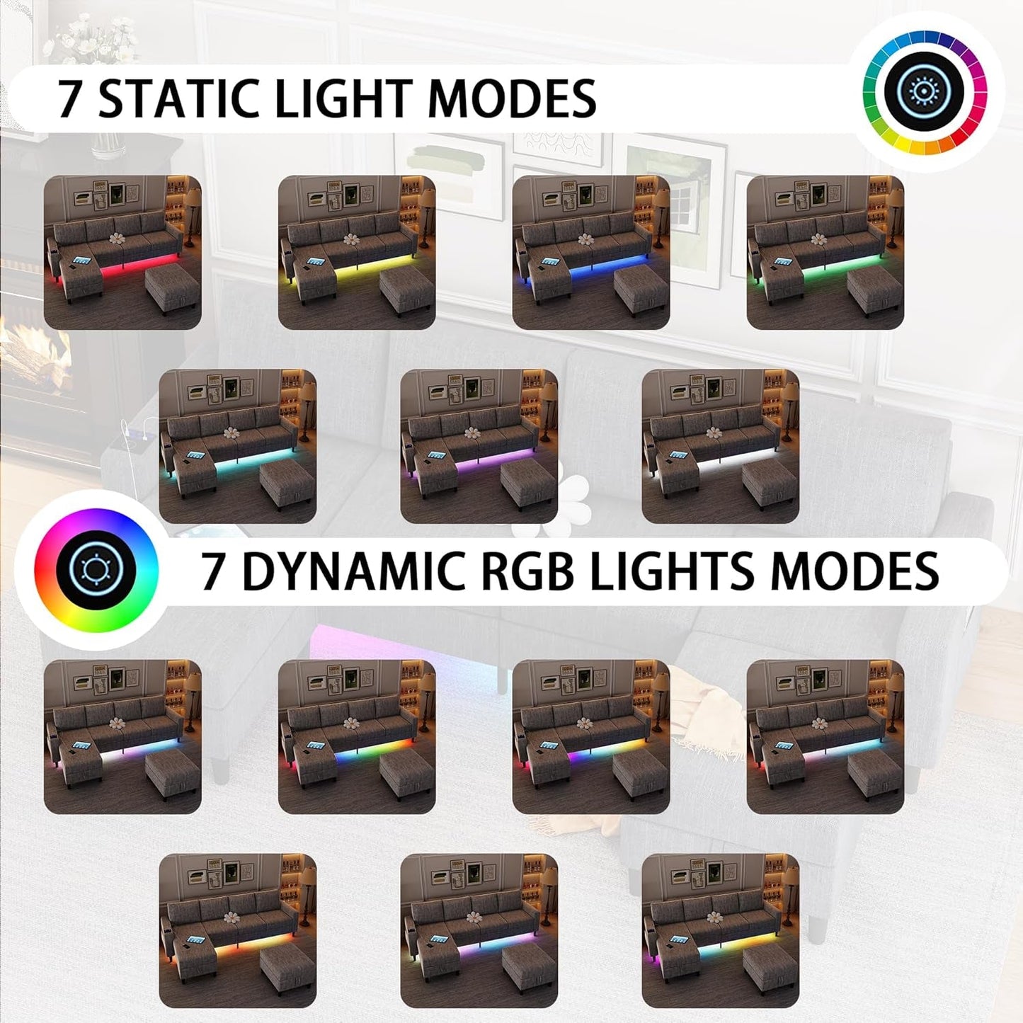 Sectional Couches for Living Room, 4 Seat Linen Sectional Sofa with Reversible Chaise Lounge/Storage Ottoman, U Shaped Couch with Smart Module-Wireless Charging/Usb/Type-C/Rgb Light (Light Grey)-3