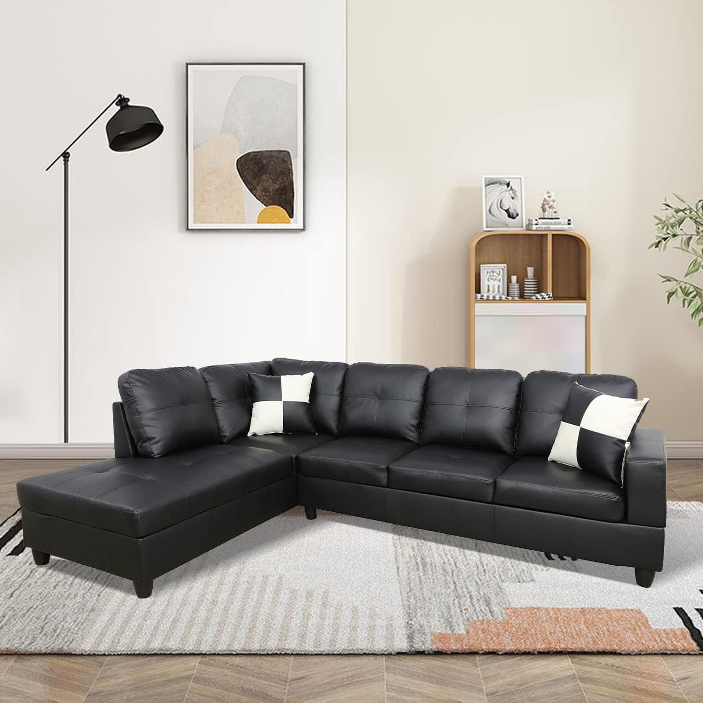 Ponliving Furniture Modern L-Shaped Leather Sectional Sofa Left Hand Facing (Black)-2
