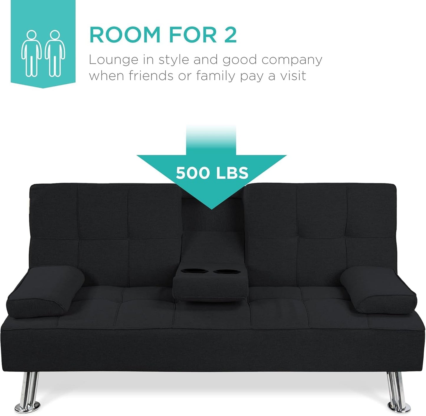 Black Linen Folding Futon Recliner with Cupholders-4