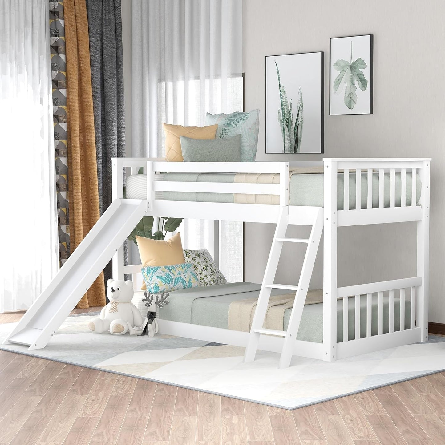 Bunk Bed Twin over Twin Size with Convertible Slide and Ladder, Heavy Duty Wood Twin Size Bunk Bedframe with Full-Length Guardrail, No Box Spring Needed, Noise Free, White-4