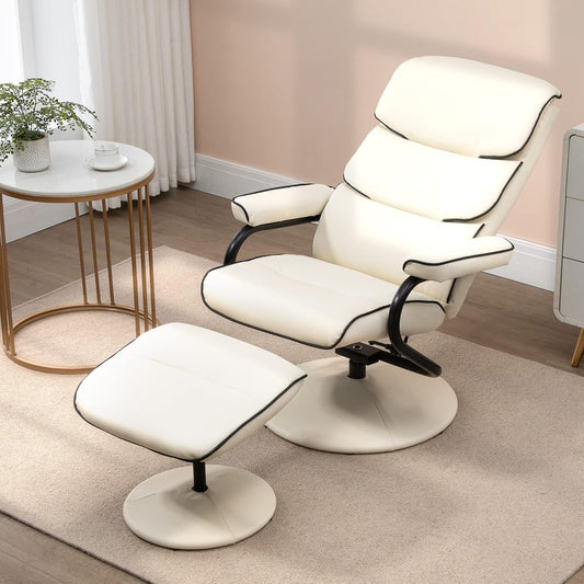 Recliner Chair with Ottoman, PU Leather Swivel High Back Armchair W/Footrest, 135° Adjustable Backrest and Thick Foam Padding, Cream White-1