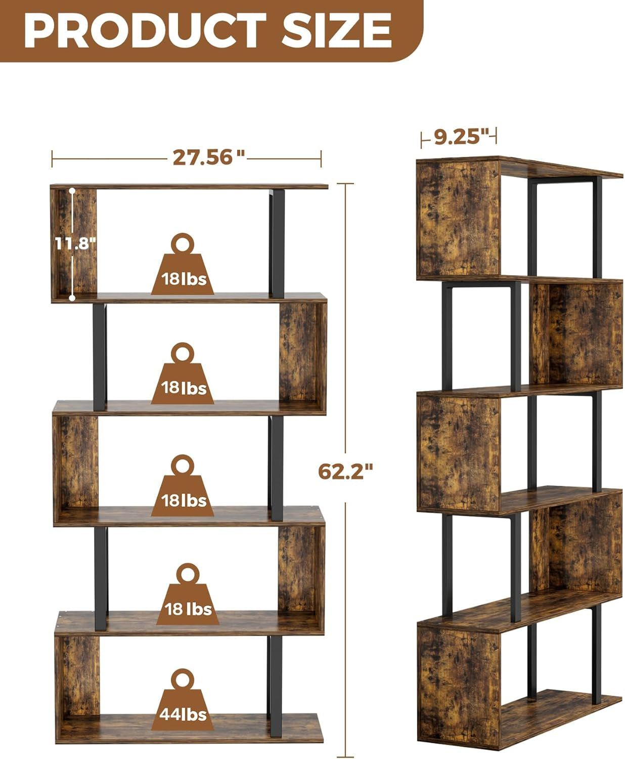 5-Tier Geometric Bookcase,S Shaped Bookshelf, Wood Decorative Storage Shelving, Modern Freestanding Display Shelves, Tall Book Shelf Unit for Living Room Bedroom, Rustic Brown-2