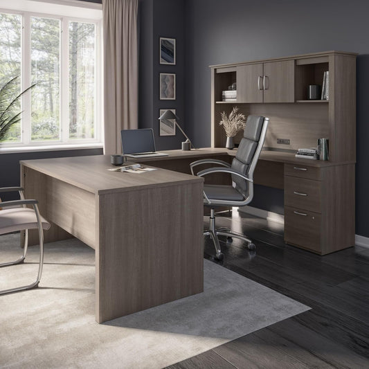 Logan 66W U or L-Shaped Executive Office Desk with Pedestal and Hutch in Bark Grey, Table Workstation for Personal Home Workspace-1