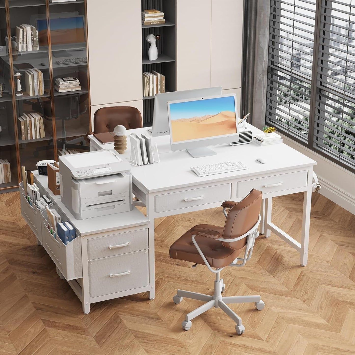 White Computer Desk with Fabric File Drawers Cabinet, 57 Inch Home Office Desks with Reversible Filing Cabinet Printer Stand for Small Space, Study Writing Table PC Vanity Desks, White-3