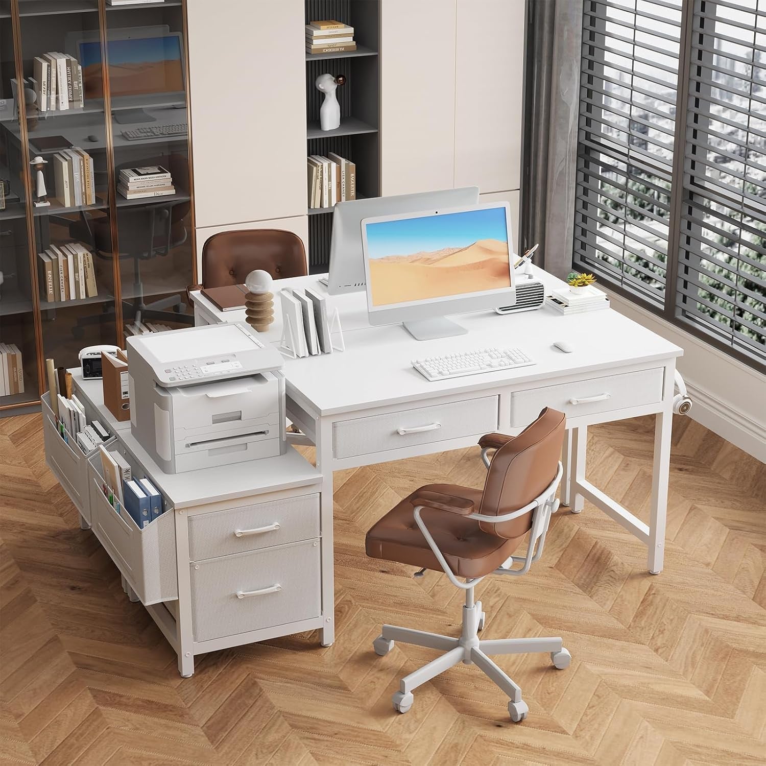 White Computer Desk with Fabric File Drawers Cabinet, 57 Inch Home Office Desks with Reversible Filing Cabinet Printer Stand for Small Space, Study Writing Table PC Vanity Desks, White-3