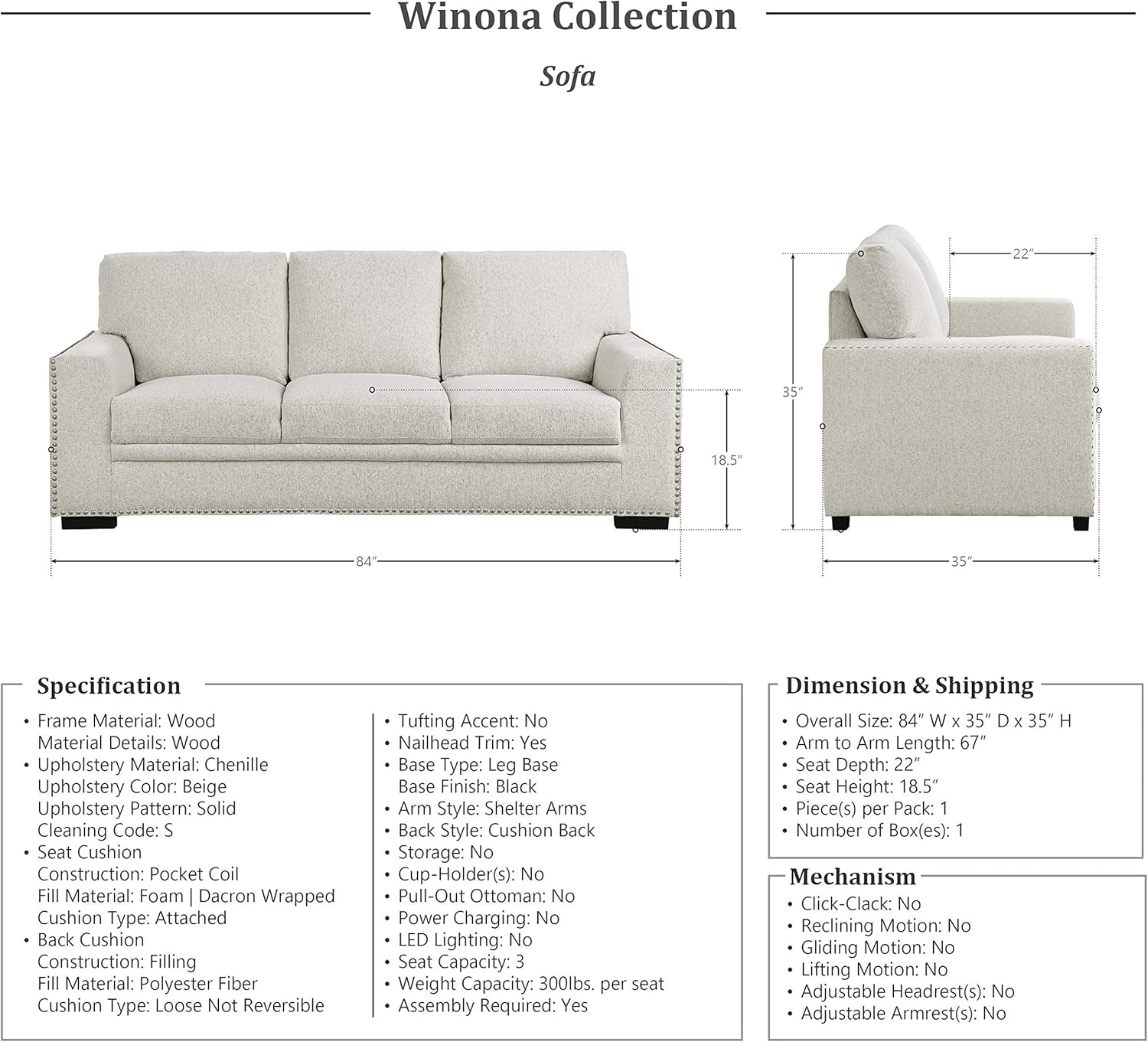 Living Room Furniture Set, Modern Couches for Living Room, Chenille Upholstered Couch Set, Including Sofa, Loveseat and Lounge Chair with Solid Wood Frame, 3-Piece Set, Beige-3