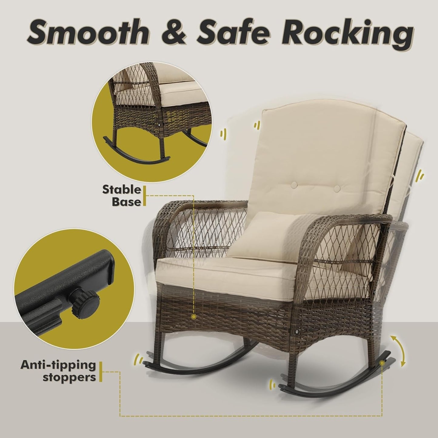 3 Piece Rocking Bistro Set Wicker Outdoor Patio Chairs Rattan Conversation Sets with Coffee Table for Patio, Porch, Backyard, Balcony, Poolside and Garden (Beige)-2