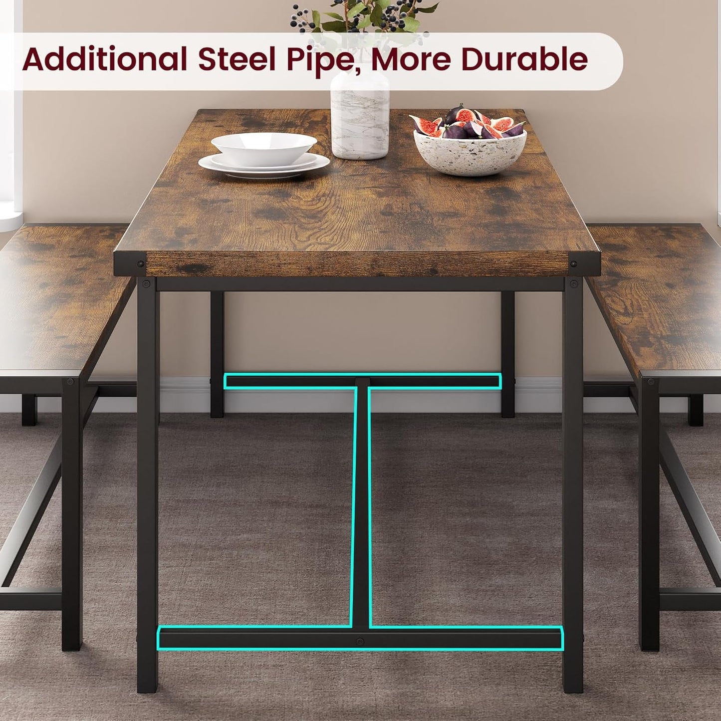 Dining Table Set for 4, Kitchen Table with Benches, Rectangular Dining Room Table Set with 2 Metal Wood Benches, 3 Piece Dining Table Set for Small Space, Apartment, Dinette, Retro Brown-2