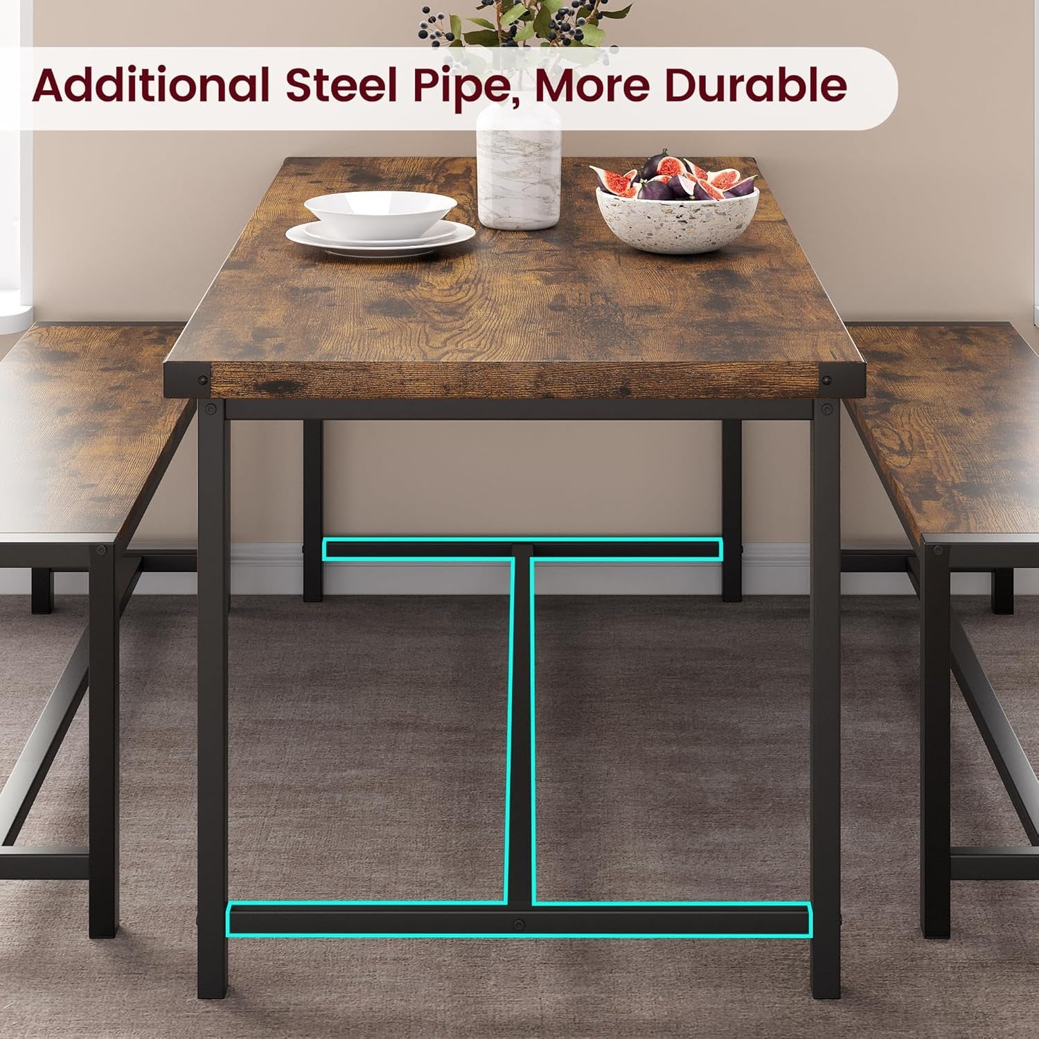 Dining Table Set for 4, Kitchen Table with Benches, Rectangular Dining Room Table Set with 2 Metal Wood Benches, 3 Piece Dining Table Set for Small Space, Apartment, Dinette, Retro Brown-2