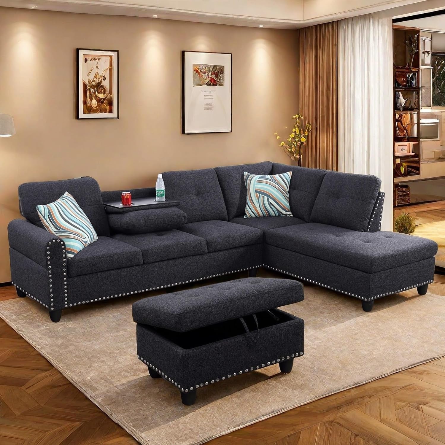 L Shaped Sectional Couch with Otttoman, 97" Sectional Sofa for Living Room Flannel Modular Couches with Cup Holders for Bedroom, Apartments, Black Grey-0
