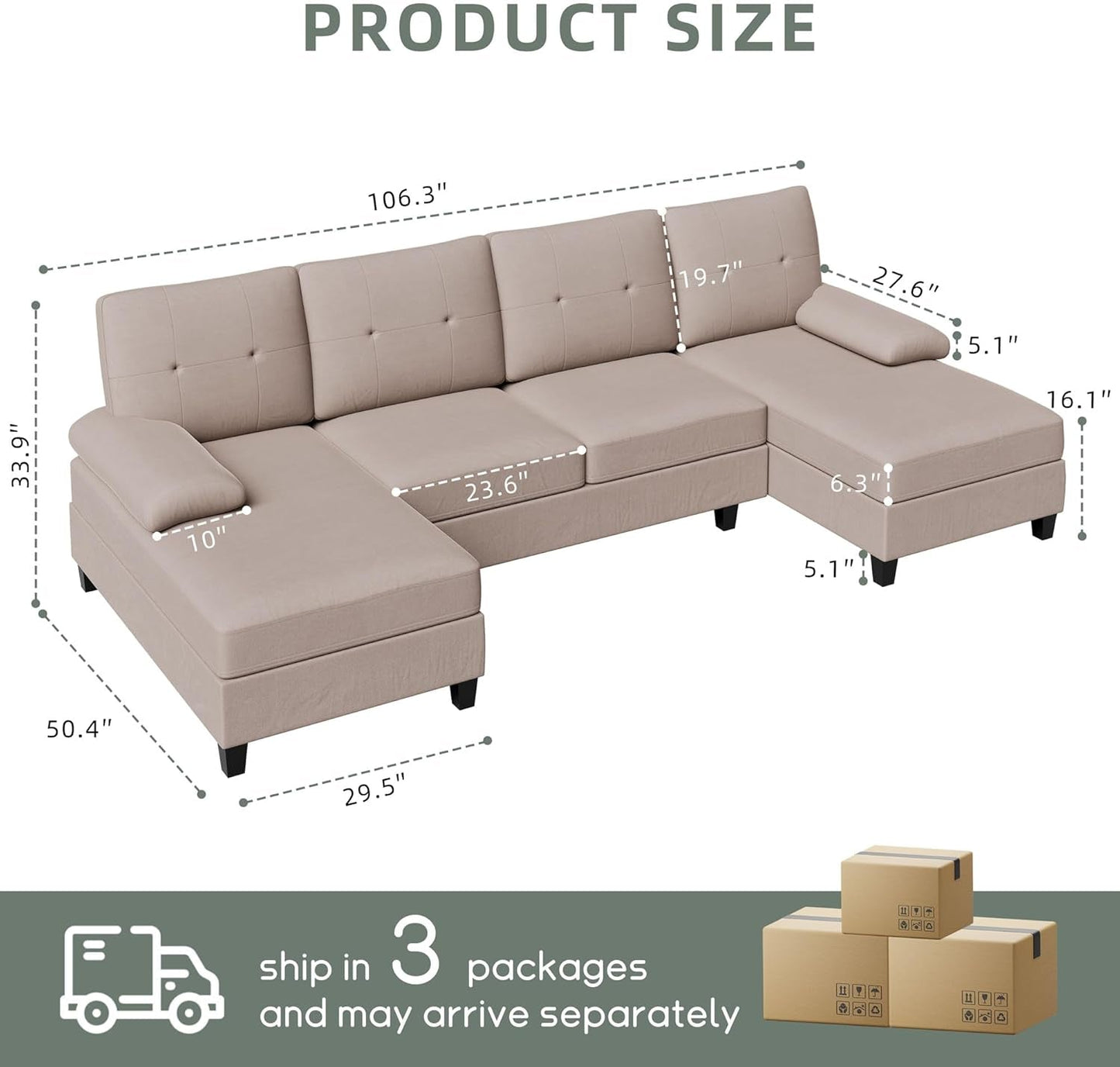 U-Shaped Sectional Sofa with Double Chaise, 4-Seat Linen Fabric Living Room Furniture Set, High-Density Cushions for Ultimate Comfort & Modern Style, Beige-1