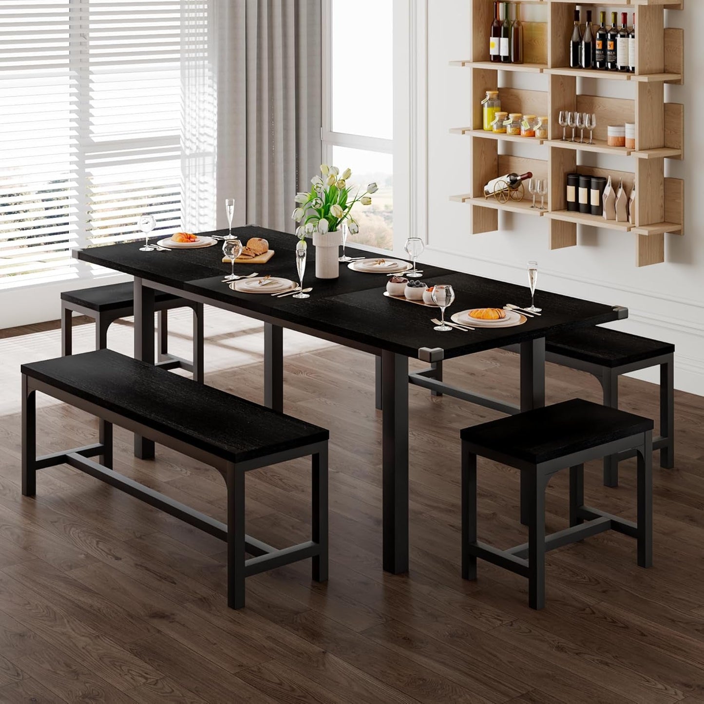 5-Piece Dining Table Set for 4-8 People, 63" Large Extendable Kitchen Table Set with 2 Benches and 2 Square Stools, Dining Room Table with MDF Wood Board, Easy Assembly, Black-0