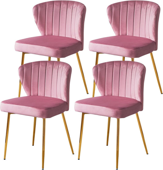 Pink Velvet Dining Chairs Set of 4, Modern Dining Chairs with Golden Metal Legs, Tufted Upholstered Dining Chairs for Dining Room/Kitchen/Vanity-0