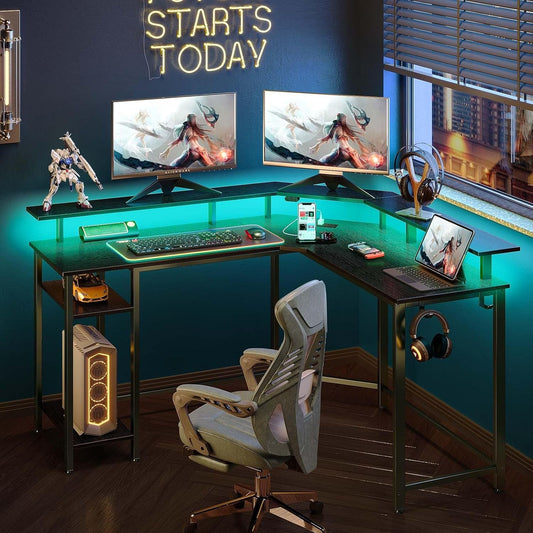 L Shaped Gaming Desk with LED Lights & Power Outlets, 46.2" Computer Desk with Full Monitor Stand & Storage Shelf, Corner Desk with Hooks, Black Desk Reversible-1