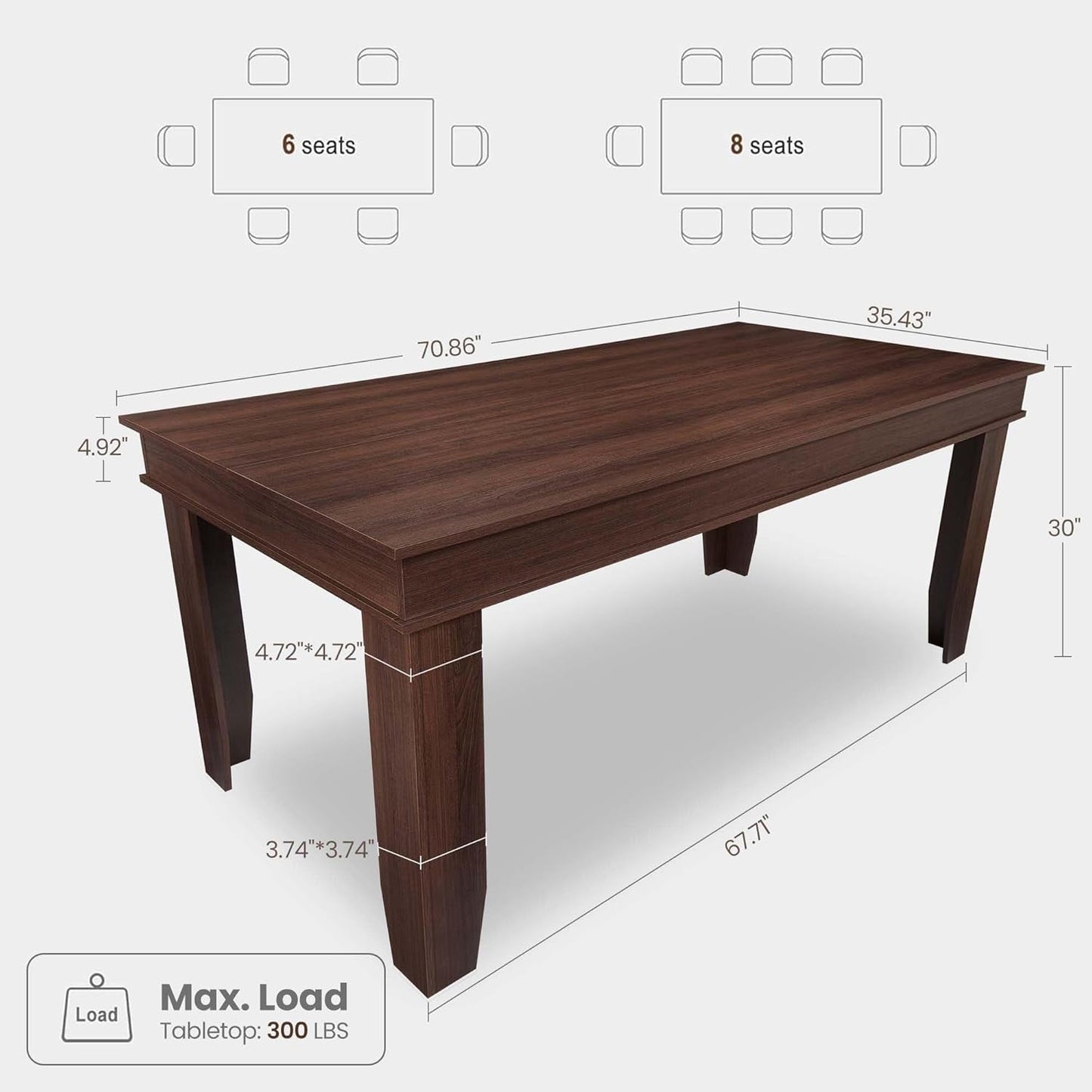 Farmhouse Dining Table for 6~8 People, 70.87" Long Rectangle Dining Table, Wood Kitchen Table with Sturdy Table Leg, Dinner Table, Dining Room Table for Kitchen, Dining Room-Brown-1