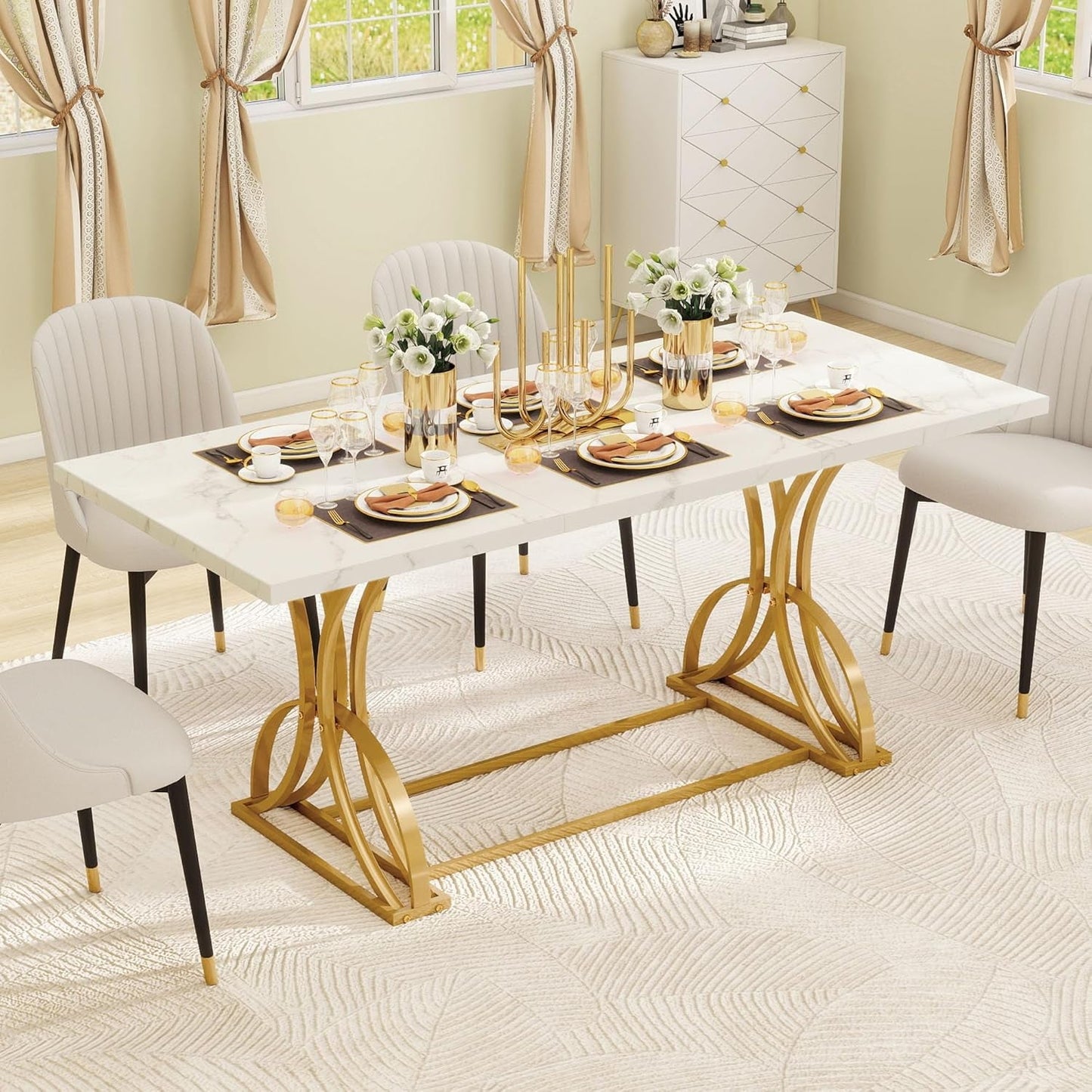 70.3" Large Modern Dining Table for 6-8 People Rectangular White Kitchen Dining Room Table with Faux Marble Tabletop and Gold Geometric Metal Legs Farmhouse Wood Dinner Tables, White and Gold-0