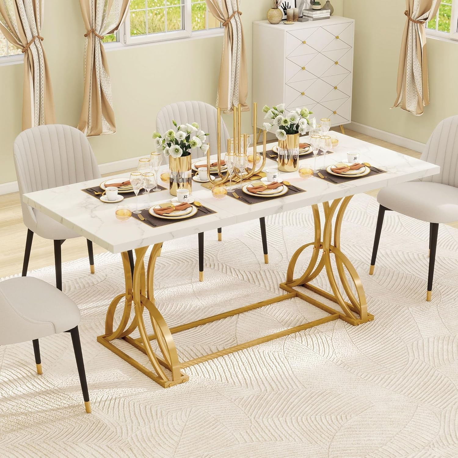 70.3" Large Modern Dining Table for 6-8 People Rectangular White Kitchen Dining Room Table with Faux Marble Tabletop and Gold Geometric Metal Legs Farmhouse Wood Dinner Tables, White and Gold-0