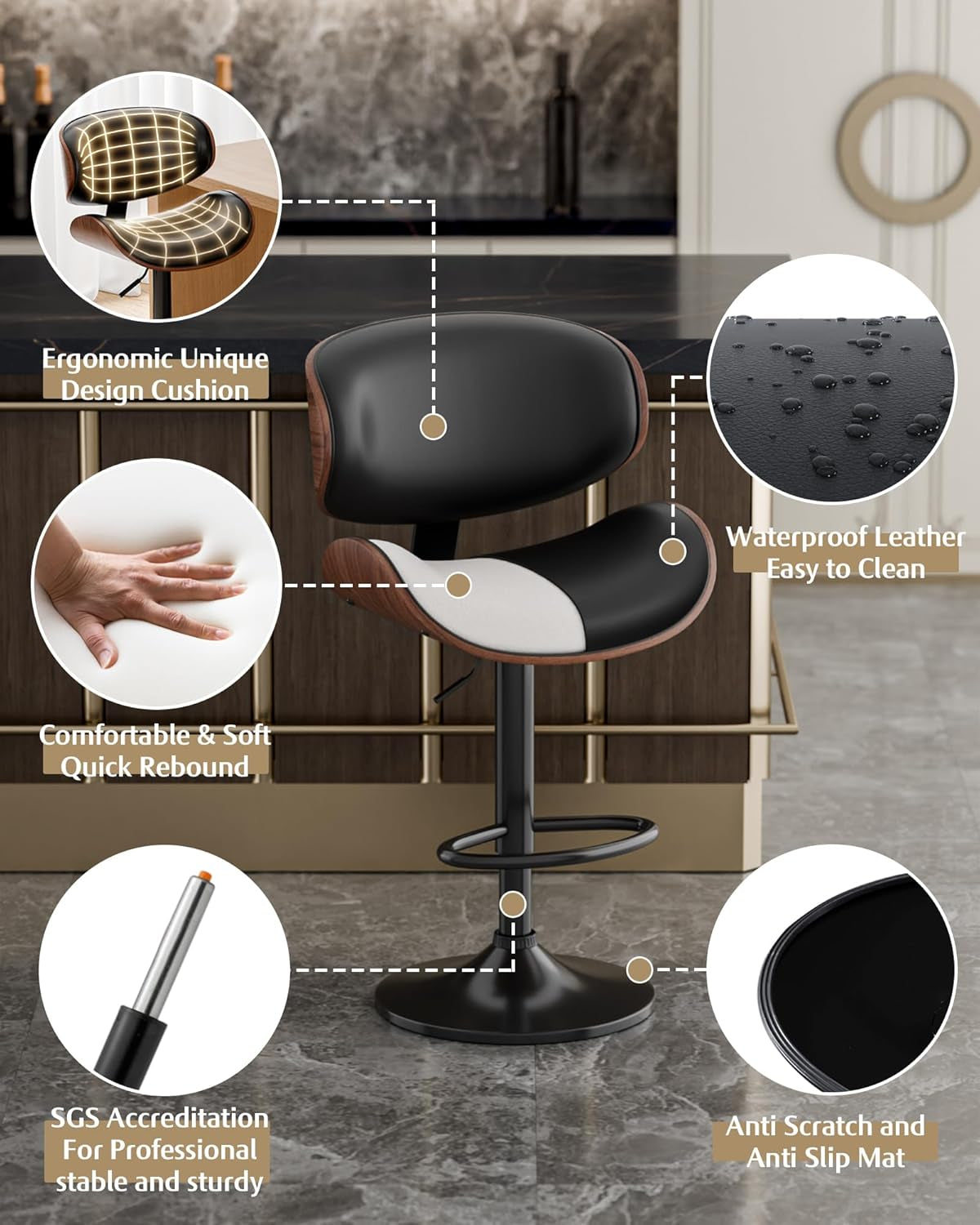 Bar Stools Set of 2, Adjustable Swivel Leather Bar Stools for Kitchen Island, Mid Century Modern Counter Height Bar Chairs Barstools with Back & Footrest (Black)-4