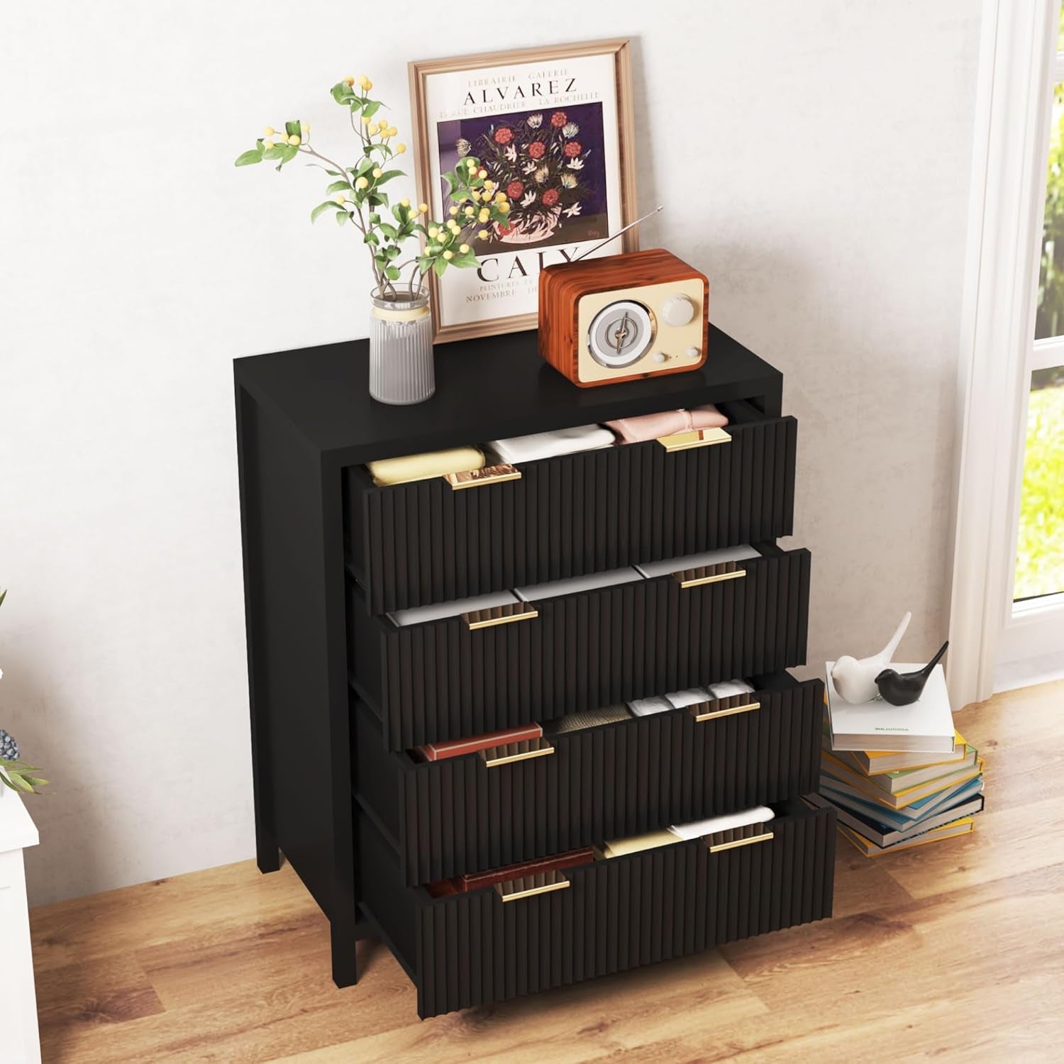 4 Drawer Dressers for Bedroom, Modern Closet Chest of Drawers with Waveform Fluted Panel, Large Wood Storage Dresser Organizer for Nursery Bedroom Living Room Hallway Closet, Black-3